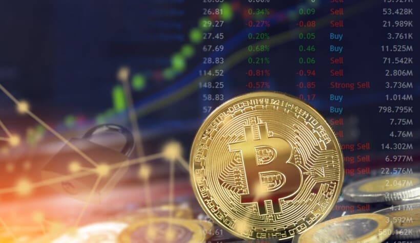 Bitcoin blockchain security concept with internet cloud computing and record highs.