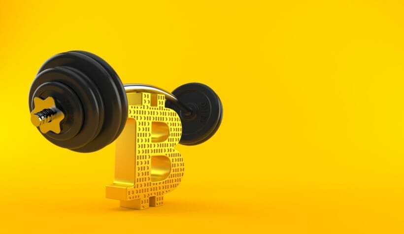 Bitcoin symbol with barbell isolated on orange background. 3d illustration