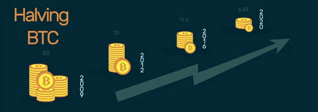 Ilustração mostrando a redução da recompensa pela minerçaão de BTC conforme os halvings