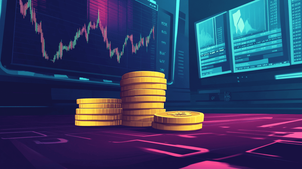 três pilhas de moedas com monitores de gráficos financeiros ao fundo em monitores, conceito de estratégias de investimento