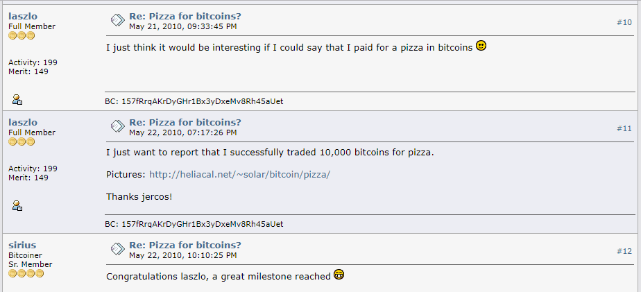 Imagem da publicação de Laszlo no fórum confirmando que a compra de pizza usando BTC foi concluída, fazendo com que 22/05 ficasse conhecido como Bitcoin Pizza Day 