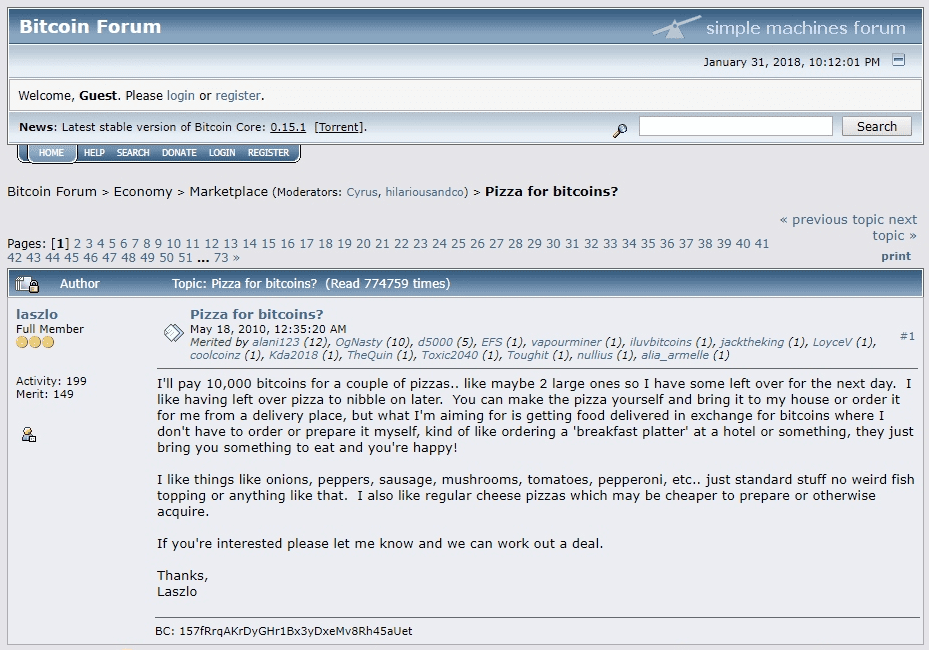 Imagem com a mensagem de laszlo oferecendo 10 mil BTC por duas pizzas retiradas do fórum 