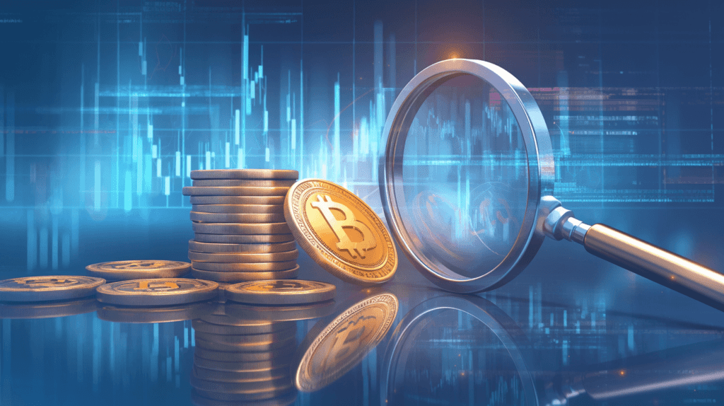 moedas cripto com lupa ao lado, em contexto de vigilância do mercado a partir da implementação cripto conforme