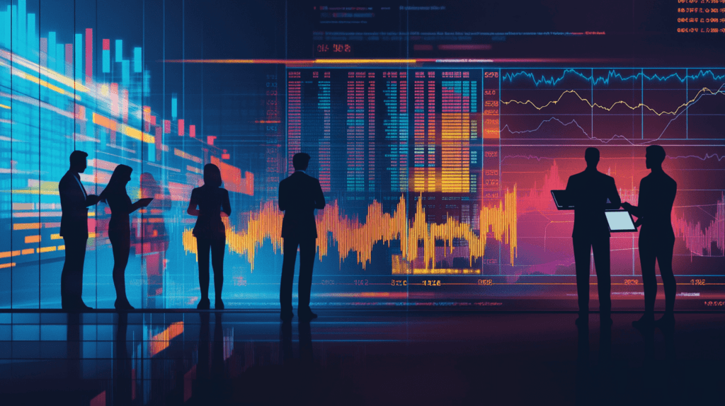 ilustração com grupo de pessoas observando gráficos financeiros em instituição, para representar comparativo entre as instituições Bacen e CVM
