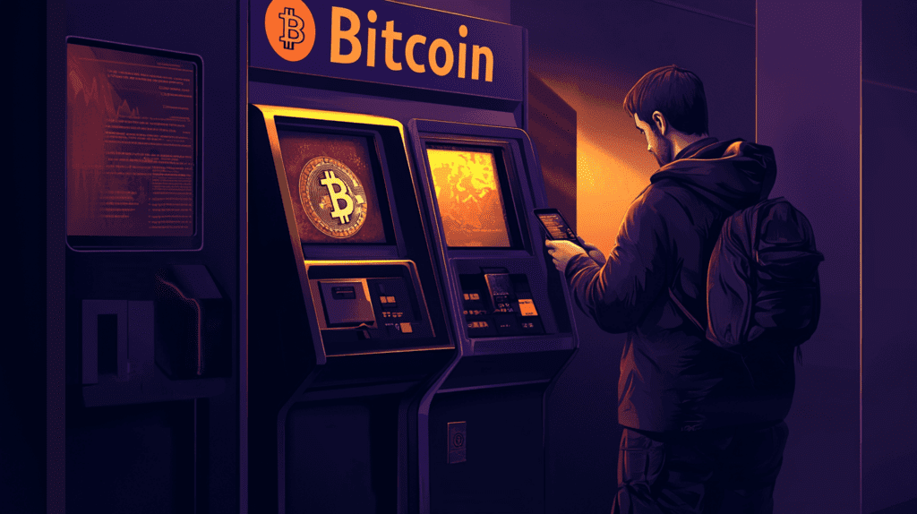 ilustração com homem utilizando um crypto atm com símbolos e logo da criptomoeda bitcoin