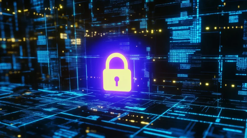 sistemas com blocos e códigos ao fundo com um cadeado brilhante a frente, ilustrando o conceito de mecanismos de segurança da tecnologia blockchain