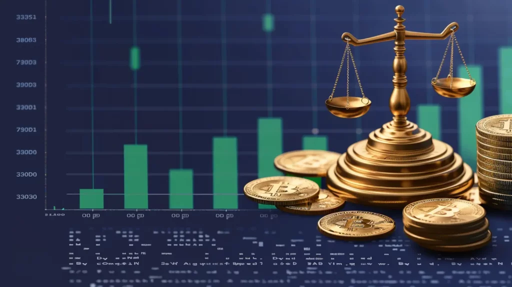 uma balança da justiça com moedas de bitcoin ao lado e ao fundo gráficos financeiros ilustrando o conceito de regulamentação cripto
